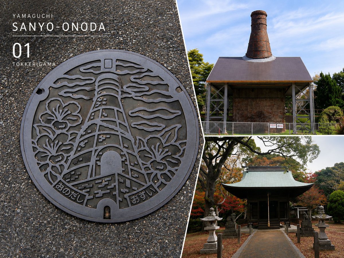 山口県山陽小野田市のデザインマンホール・徳利窯と周辺の風景