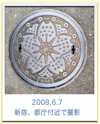 2008年6月7日に新宿・東京都庁付近で撮影した東京都の花・木・鳥のデザインマンホール